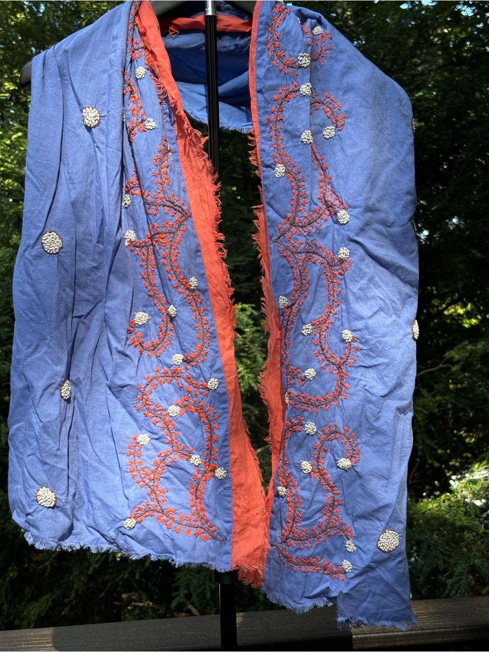 J.Mclaughlin Embroidered Blue and Coral Women's Scarf